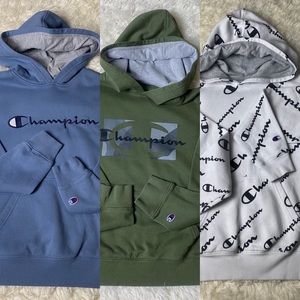 Champion Boys Hoodie Sweatshirts Blue Green & White. Lot of 3. Boys Large. Used.